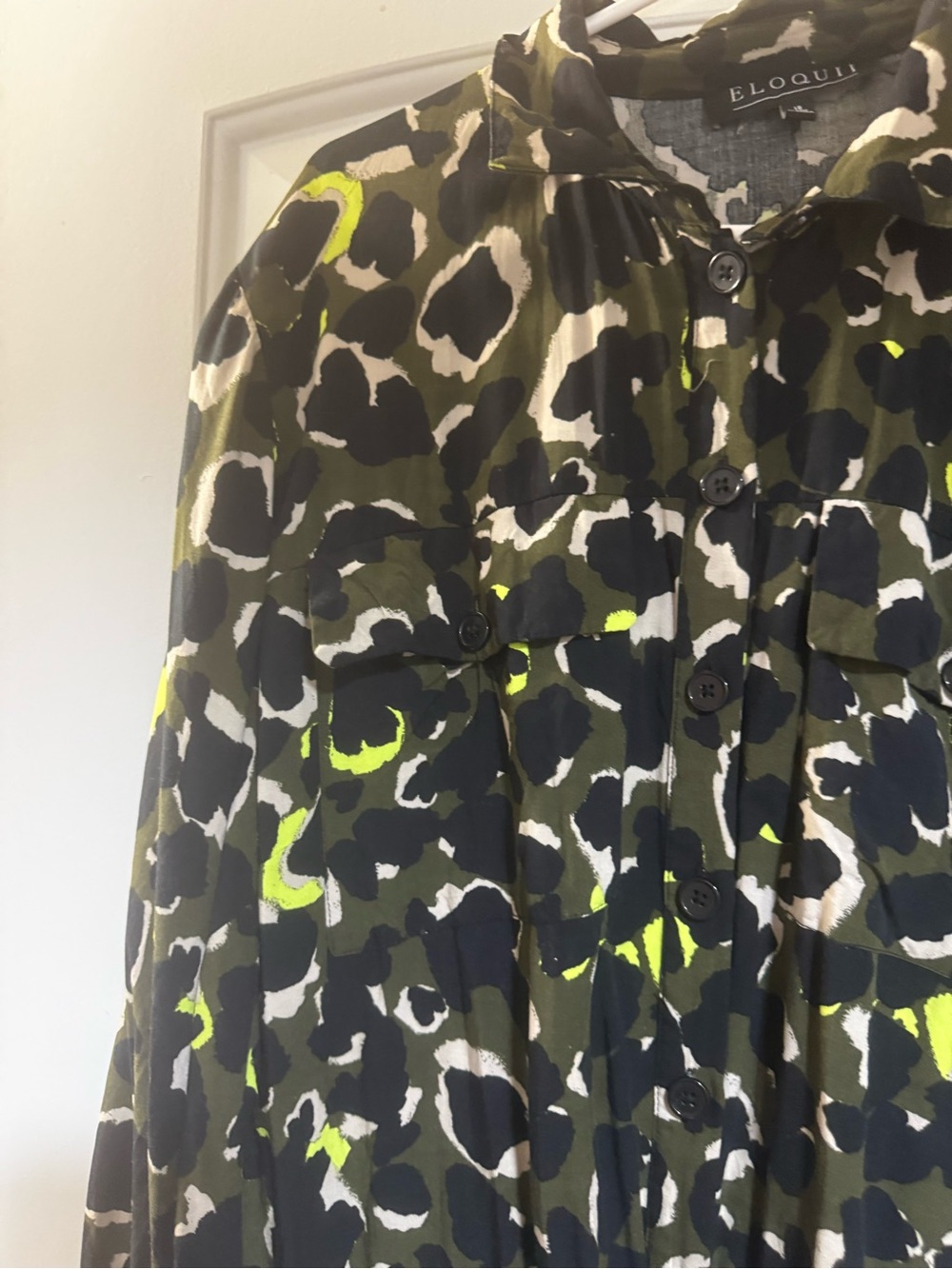 Eloquii Olive & Black Leopard Print Shirt Dress with Neon Yellow Accents - Picture 6 of 8